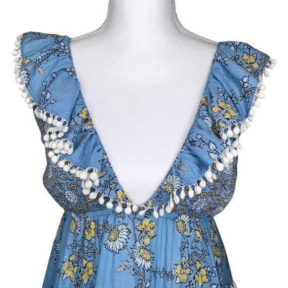 Zimmermann Caravan Tiered Sun Dress Splice Blue Floral Ruffle Pom Pom Trim Mini - Picture 10 of 13